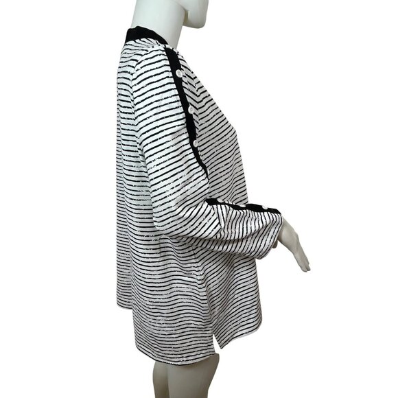 E.L.I Tunic Top XL Black White Stripes Long Sleeve V-Neck Buttons Arms Slits - Picture 12 of 15